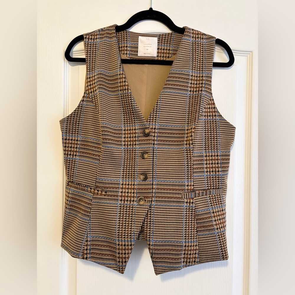 Plaid Wool-Blend Vest in Brown and Blue
